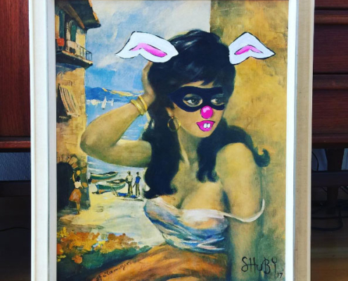 Original 60's print with painted bunny features and mask