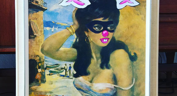 Original 60's print with painted bunny features and mask